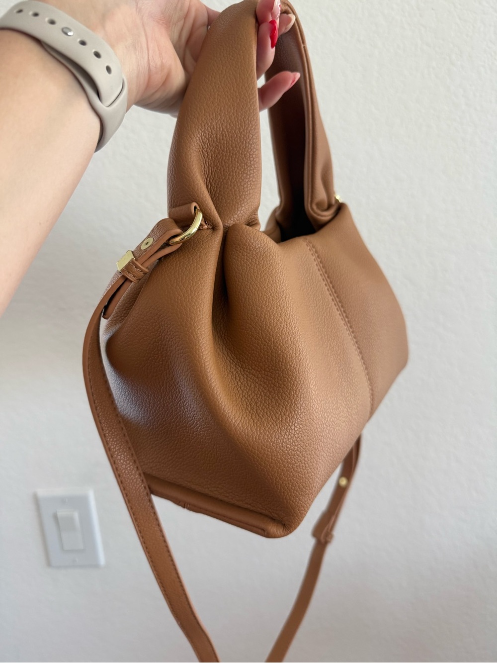 Women's Tan Pebbled Leather Top-Handle Bag - Picture 8 of 9